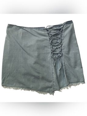 Y2K Denim Lace Up Back Zipper Mini Skirt Asym Frayed Tencel Blend Light Wash M-